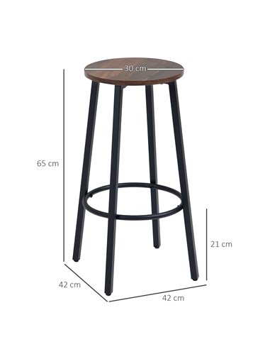 HOMCOM Bar Stools, Set of 2 Kitchen Breakfast Stools with Sturdy Steel Frame, Industrial Tall Bar Chairs, 65cm High Seat, Rustic
