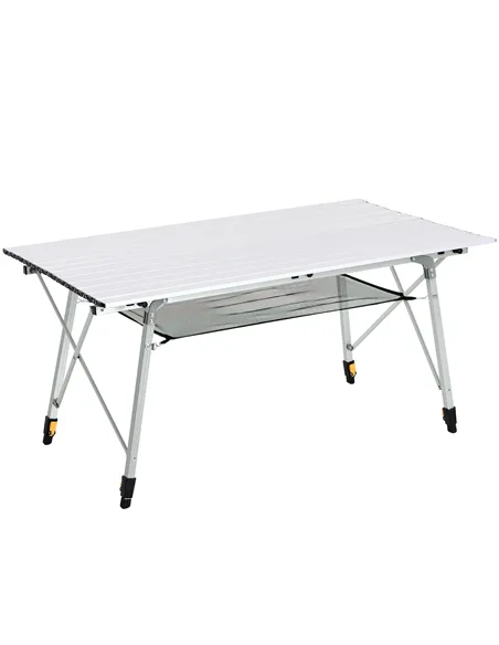 Outsunny 4FT Folding Aluminium Picnic Table Portable Camping BBQ Table Roll Up Top Mesh Layer Rack with Carrying Bag