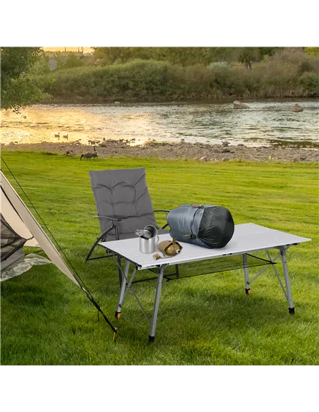 Outsunny 4FT Folding Aluminium Picnic Table Portable Camping BBQ Table Roll Up Top Mesh Layer Rack with Carrying Bag