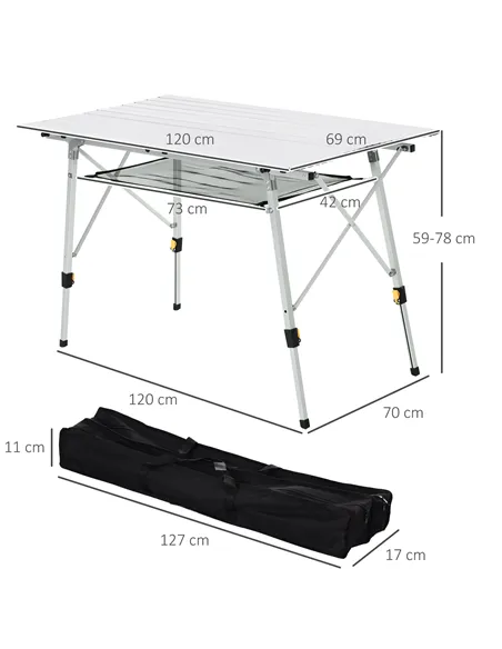 Outsunny 4FT Folding Aluminium Picnic Table Portable Camping BBQ Table Roll Up Top Mesh Layer Rack with Carrying Bag