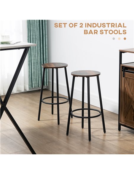 HOMCOM Bar Stools, Set of 2 Kitchen Breakfast Stools with Sturdy Steel Frame, Industrial Tall Bar Chairs, 65cm High Seat, Rustic