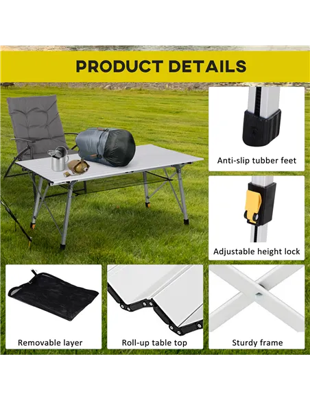 Outsunny 4FT Folding Aluminium Picnic Table Portable Camping BBQ Table Roll Up Top Mesh Layer Rack with Carrying Bag