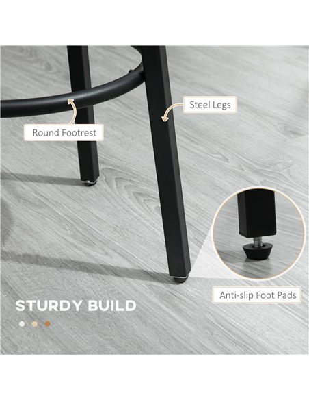 HOMCOM Bar Stools, Set of 2 Kitchen Breakfast Stools with Sturdy Steel Frame, Industrial Tall Bar Chairs, 65cm High Seat, Rustic