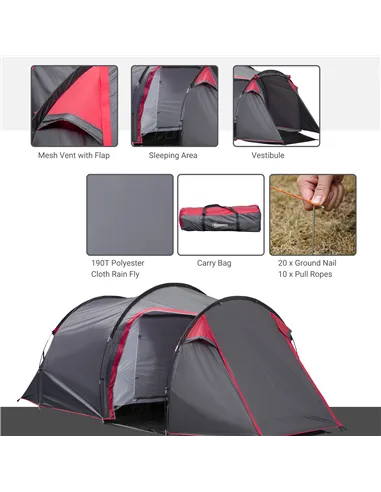 Outsunny 2-3 Person Tunnel Tent with Sewn-in Groundsheet, Air Vents, Rainfly, 2000mm Water Column, Camping Tent with 1 Bedroom, 