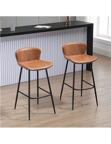 HOMCOM Bar Stools Set of 2, PU Leather Upholstered Bar Chairs, Breakfast Kitchen Counter Chairs with Backs, Steel Legs and Footr