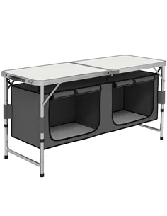 Outsunny 4ft Folding Camping Cupboard Kitchen, Height Adjustable Aluminium Camping Table with Storage, Lightweight Picnic Table 