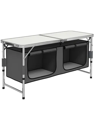 Outsunny 4ft Folding Camping Cupboard Kitchen, Height Adjustable Aluminium Camping Table with Storage, Lightweight Picnic Table 