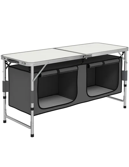 Outsunny 4ft Folding Camping Cupboard Kitchen, Height Adjustable Aluminium Camping Table with Storage, Lightweight Picnic Table 