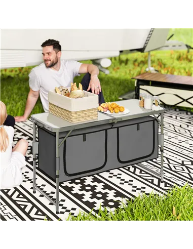 Outsunny 4ft Folding Camping Cupboard Kitchen, Height Adjustable Aluminium Camping Table with Storage, Lightweight Picnic Table 