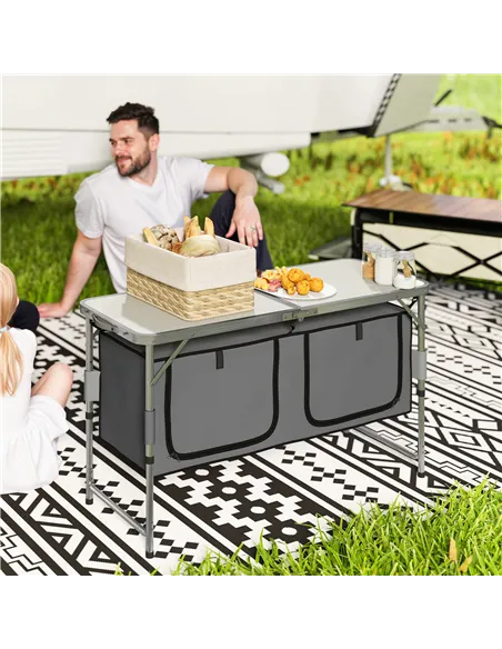 Outsunny 4ft Folding Camping Cupboard Kitchen, Height Adjustable Aluminium Camping Table with Storage, Lightweight Picnic Table 