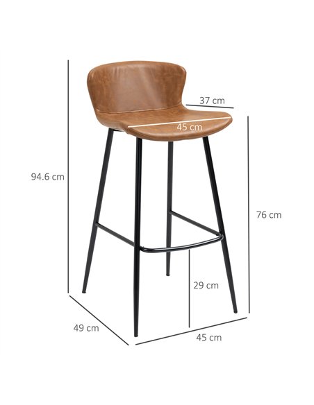 HOMCOM Bar Stools Set of 2, PU Leather Upholstered Bar Chairs, Breakfast Kitchen Counter Chairs with Backs, Steel Legs and Footr