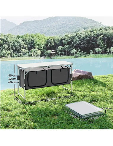 Outsunny 4ft Folding Camping Cupboard Kitchen, Height Adjustable Aluminium Camping Table with Storage, Lightweight Picnic Table 