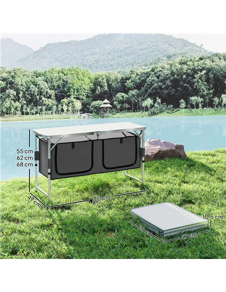 Outsunny 4ft Folding Camping Cupboard Kitchen, Height Adjustable Aluminium Camping Table with Storage, Lightweight Picnic Table 