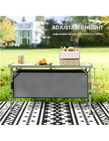 Outsunny 4ft Folding Camping Cupboard Kitchen, Height Adjustable Aluminium Camping Table with Storage, Lightweight Picnic Table 