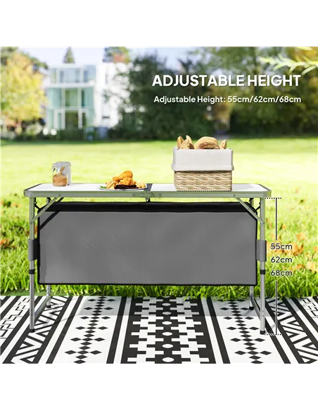 Outsunny 4ft Folding Camping Cupboard Kitchen, Height Adjustable Aluminium Camping Table with Storage, Lightweight Picnic Table 