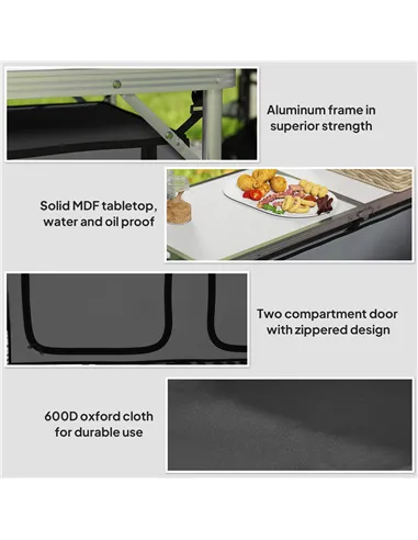 Outsunny 4ft Folding Camping Cupboard Kitchen, Height Adjustable Aluminium Camping Table with Storage, Lightweight Picnic Table 
