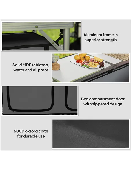 Outsunny 4ft Folding Camping Cupboard Kitchen, Height Adjustable Aluminium Camping Table with Storage, Lightweight Picnic Table 