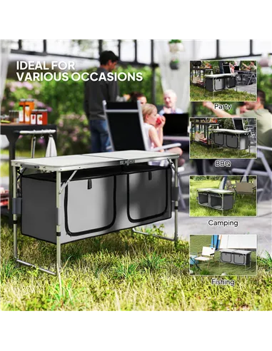 Outsunny 4ft Folding Camping Cupboard Kitchen, Height Adjustable Aluminium Camping Table with Storage, Lightweight Picnic Table 