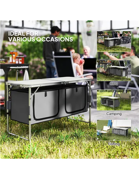 Outsunny 4ft Folding Camping Cupboard Kitchen, Height Adjustable Aluminium Camping Table with Storage, Lightweight Picnic Table 