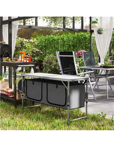 Outsunny 4ft Folding Camping Cupboard Kitchen, Height Adjustable Aluminium Camping Table with Storage, Lightweight Picnic Table 