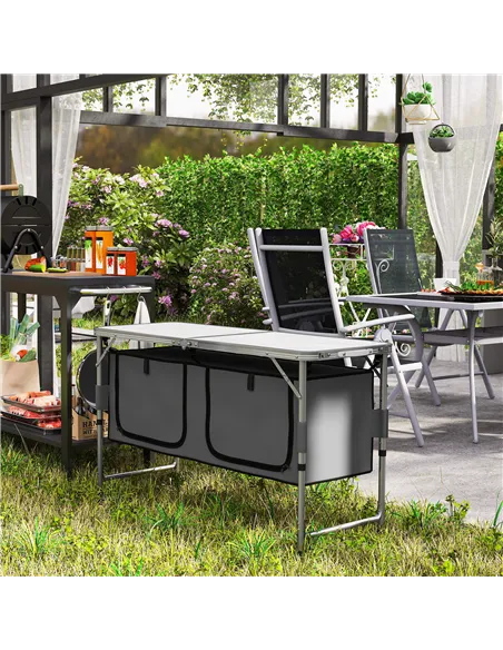 Outsunny 4ft Folding Camping Cupboard Kitchen, Height Adjustable Aluminium Camping Table with Storage, Lightweight Picnic Table 