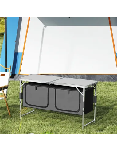 Outsunny 4ft Folding Camping Cupboard Kitchen, Height Adjustable Aluminium Camping Table with Storage, Lightweight Picnic Table 