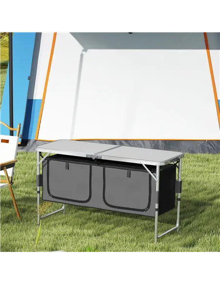 Outsunny 4ft Folding Camping Cupboard Kitchen, Height Adjustable Aluminium Camping Table with Storage, Lightweight Picnic Table 