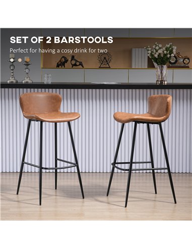 HOMCOM Bar Stools Set of 2, PU Leather Upholstered Bar Chairs, Breakfast Kitchen Counter Chairs with Backs, Steel Legs and Footr