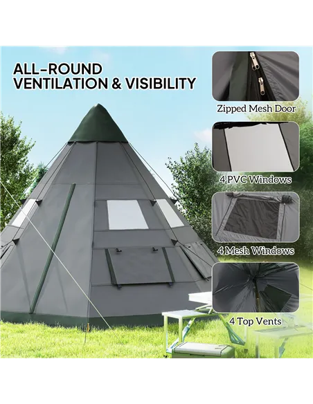 Outsunny 6 Men Tipi Tent with Carry Bag - Grey