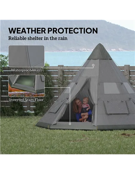 Outsunny 6 Men Tipi Tent with Carry Bag - Grey