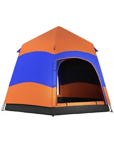 Outsunny Six Man Hexagon Camping Tent with Hang Hook and Carry Bag - Orange and Blue