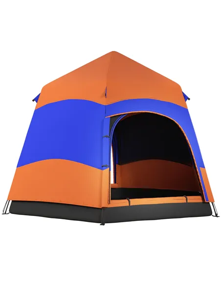 Outsunny Six Man Hexagon Camping Tent with Hang Hook and Carry Bag - Orange and Blue
