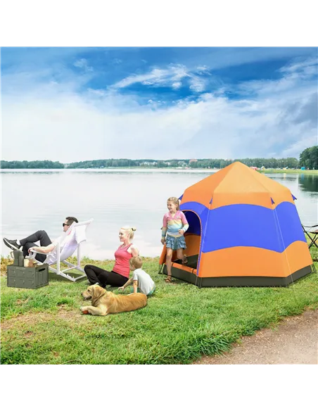 Outsunny Six Man Hexagon Camping Tent with Hang Hook and Carry Bag - Orange and Blue