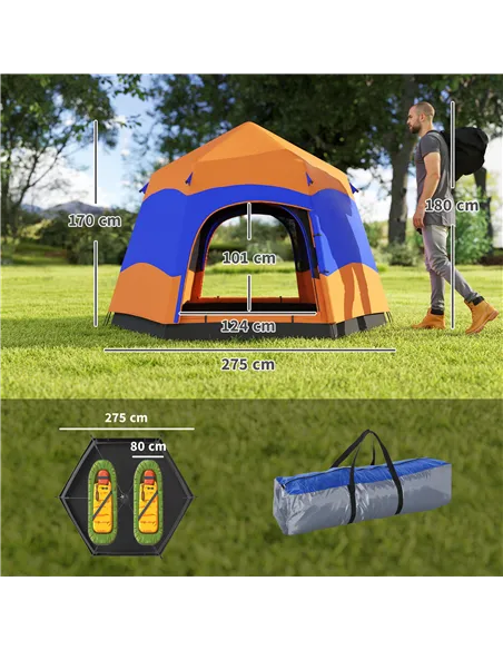 Outsunny Six Man Hexagon Camping Tent with Hang Hook and Carry Bag - Orange and Blue