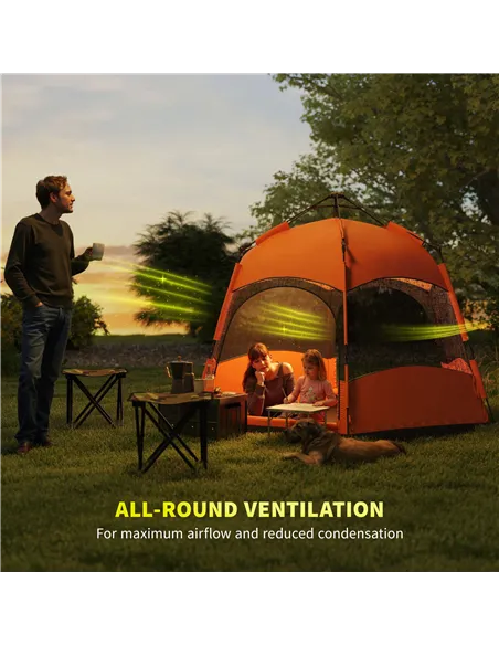 Outsunny Six Man Hexagon Camping Tent with Hang Hook and Carry Bag - Orange and Blue