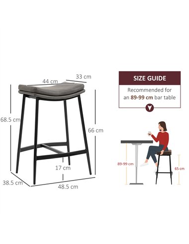 HOMCOM Breakfast Bar Stools Set of 2, Microfibre Upholstered Barstools, Industrial Bar Chairs with Curved Seat and Steel Frame f