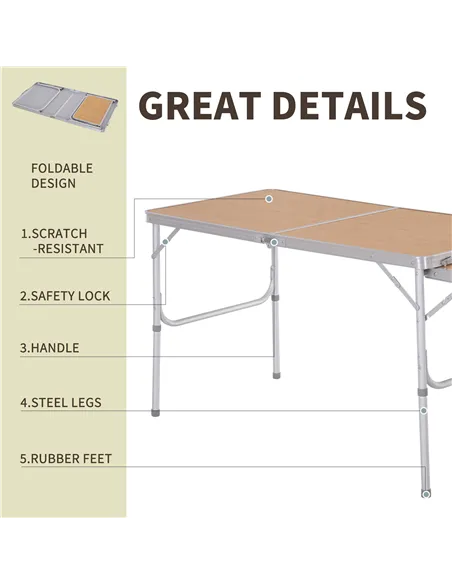 Outsunny Aluminium MDF-Top 4ft Folding Portable Outdoor Table Silver
