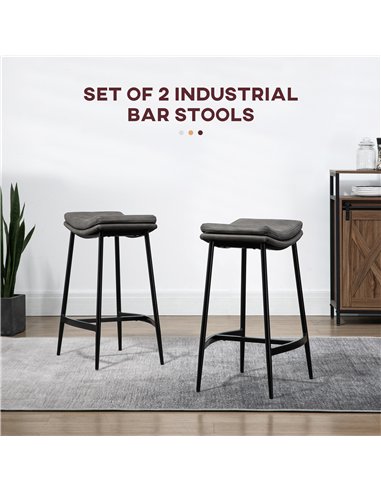HOMCOM Breakfast Bar Stools Set of 2, Microfibre Upholstered Barstools, Industrial Bar Chairs with Curved Seat and Steel Frame f