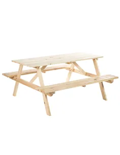 Outsunny 6 Seater Wooden Picnic Table Bench for Outdoor Garden or Patio with Parasol Cutout 150 cm Natural Wood Finish