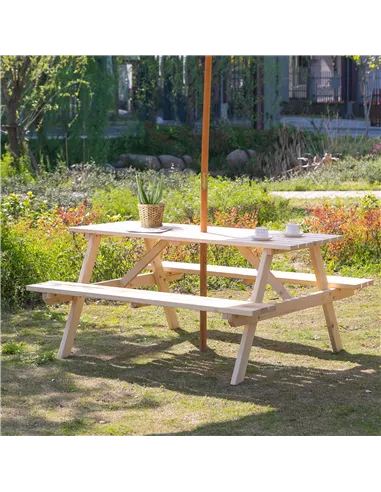 Outsunny 6 Seater Wooden Picnic Table Bench for Outdoor Garden or Patio with Parasol Cutout 150 cm Natural Wood Finish