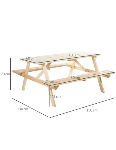 Outsunny 6 Seater Wooden Picnic Table Bench for Outdoor Garden or Patio with Parasol Cutout 150 cm Natural Wood Finish