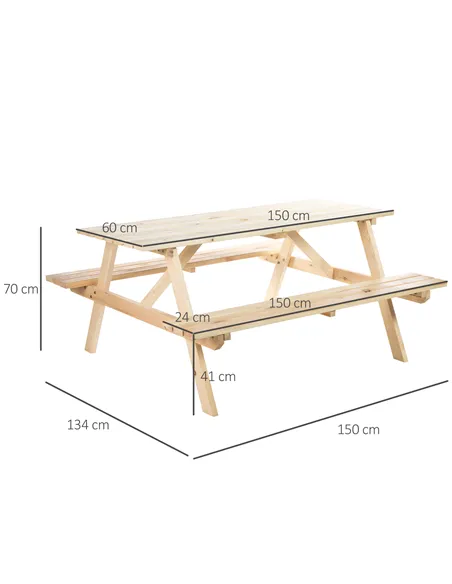 Outsunny 6 Seater Wooden Picnic Table Bench for Outdoor Garden or Patio with Parasol Cutout 150 cm Natural Wood Finish