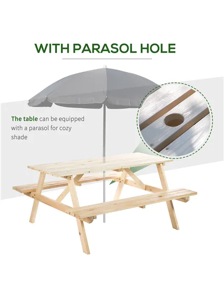 Outsunny 6 Seater Wooden Picnic Table Bench for Outdoor Garden or Patio with Parasol Cutout 150 cm Natural Wood Finish