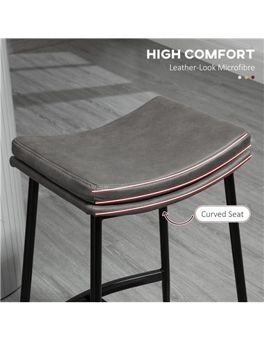 HOMCOM Breakfast Bar Stools Set of 2, Microfibre Upholstered Barstools, Industrial Bar Chairs with Curved Seat and Steel Frame f
