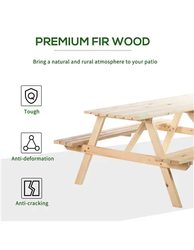 Outsunny 6 Seater Wooden Picnic Table Bench for Outdoor Garden or Patio with Parasol Cutout 150 cm Natural Wood Finish