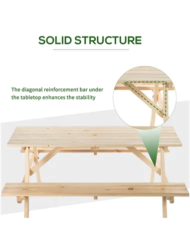 Outsunny 6 Seater Wooden Picnic Table Bench for Outdoor Garden or Patio with Parasol Cutout 150 cm Natural Wood Finish