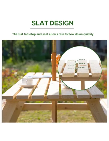 Outsunny 6 Seater Wooden Picnic Table Bench for Outdoor Garden or Patio with Parasol Cutout 150 cm Natural Wood Finish