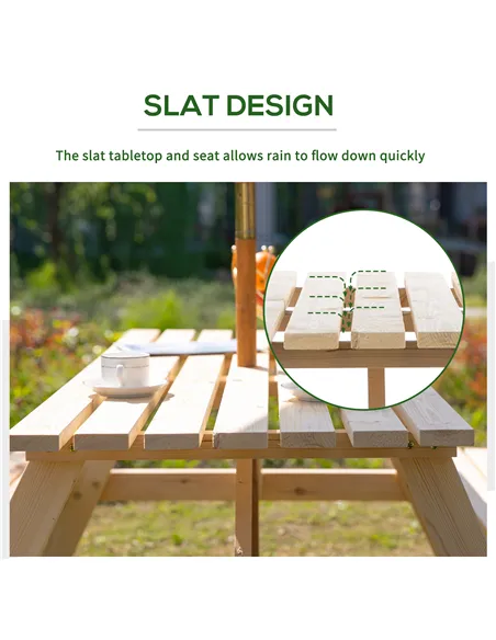 Outsunny 6 Seater Wooden Picnic Table Bench for Outdoor Garden or Patio with Parasol Cutout 150 cm Natural Wood Finish