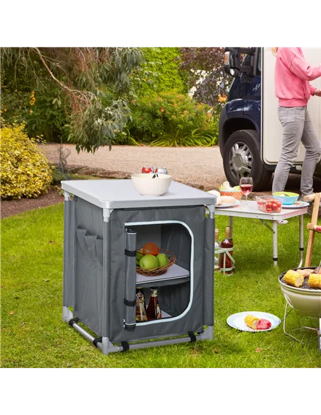 Outsunny 2-Shelf Camping Cupboard Camping Kitchen Station Cook Table Aluminum, Storage Organiser for BBQ Party Picnics Backyards