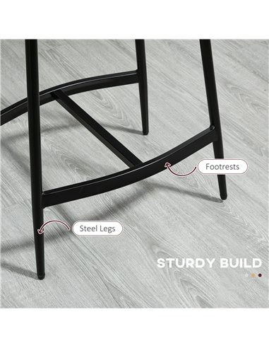 HOMCOM Breakfast Bar Stools Set of 2, Microfibre Upholstered Barstools, Industrial Bar Chairs with Curved Seat and Steel Frame f